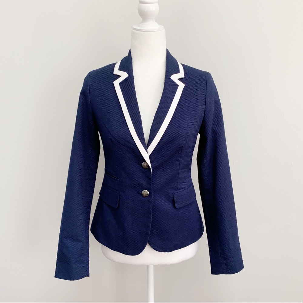 Banana Republic Navy Textured White Piping Blazer